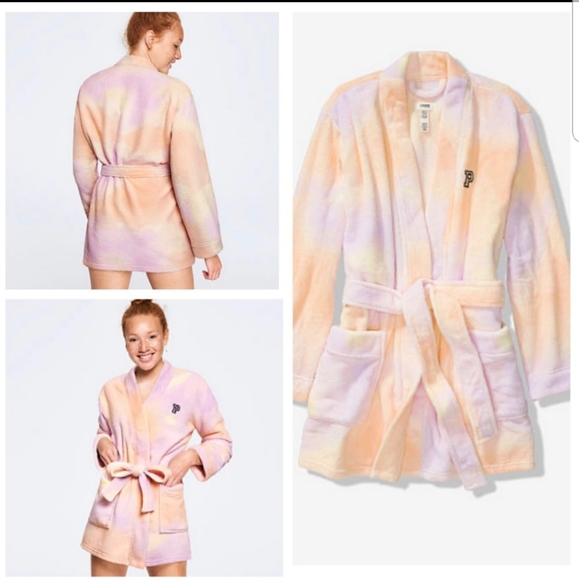 Victoria's Secret PINK Logo Cozy Soft Teddy Robe Tie Dye NWT - Picture 1 of 8
